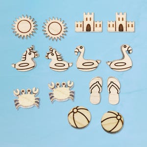 Beach Party *Choose* Mini Wood Blanks, Sun, Sand Castle, Unicorn and Flamingo Float, Sandles, Crabs, Beach Ball,  10 Pieces, Crafting