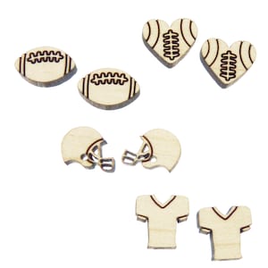 May include: Wooden craft supplies featuring football, jersey, helmet and heart shapes. The shapes are laser cut and ready to be painted or decorated.