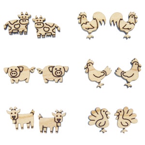 May include: A set of wooden farm animal cutouts, including cows, roosters, pigs, chickens, goats, and turkeys. The cutouts are all in a simple, cartoon style and are perfect for crafts or decorations.