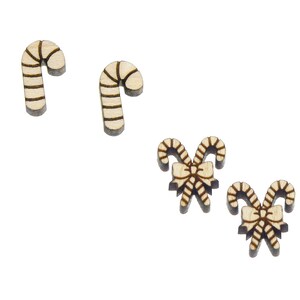 May include: Four wooden Christmas ornaments in the shape of candy canes. Two of the ornaments are single candy canes, and two of the ornaments are two candy canes tied together with a bow.
