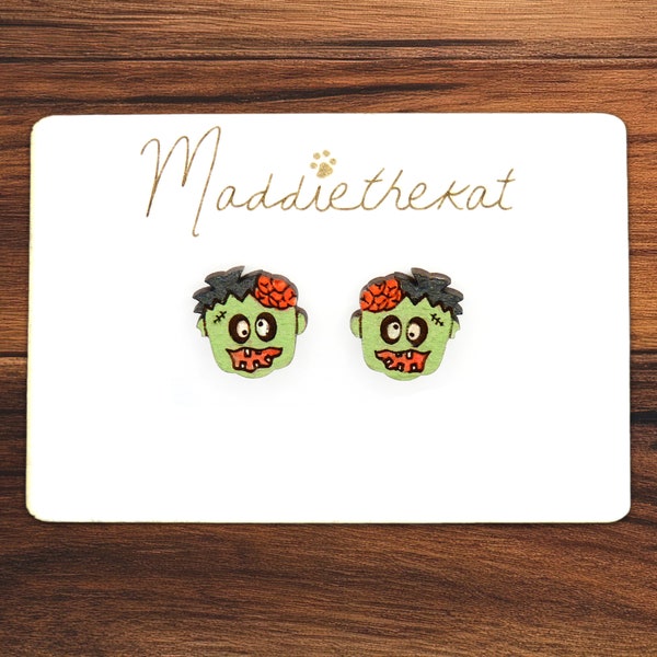 Zombie Wood Stud Earrings | Monster Jewelry | Hand Painted