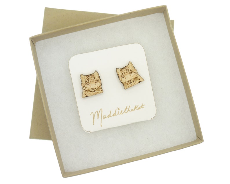 Snow Leopard Larger Wood Stud Earrings Big Cat