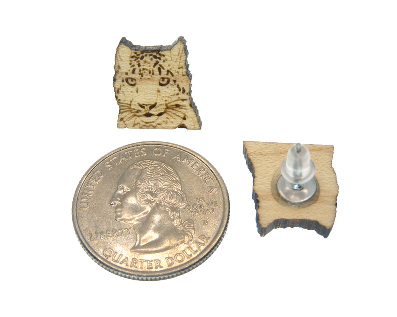 Snow Leopard Larger Wood Stud Earrings Big Cat