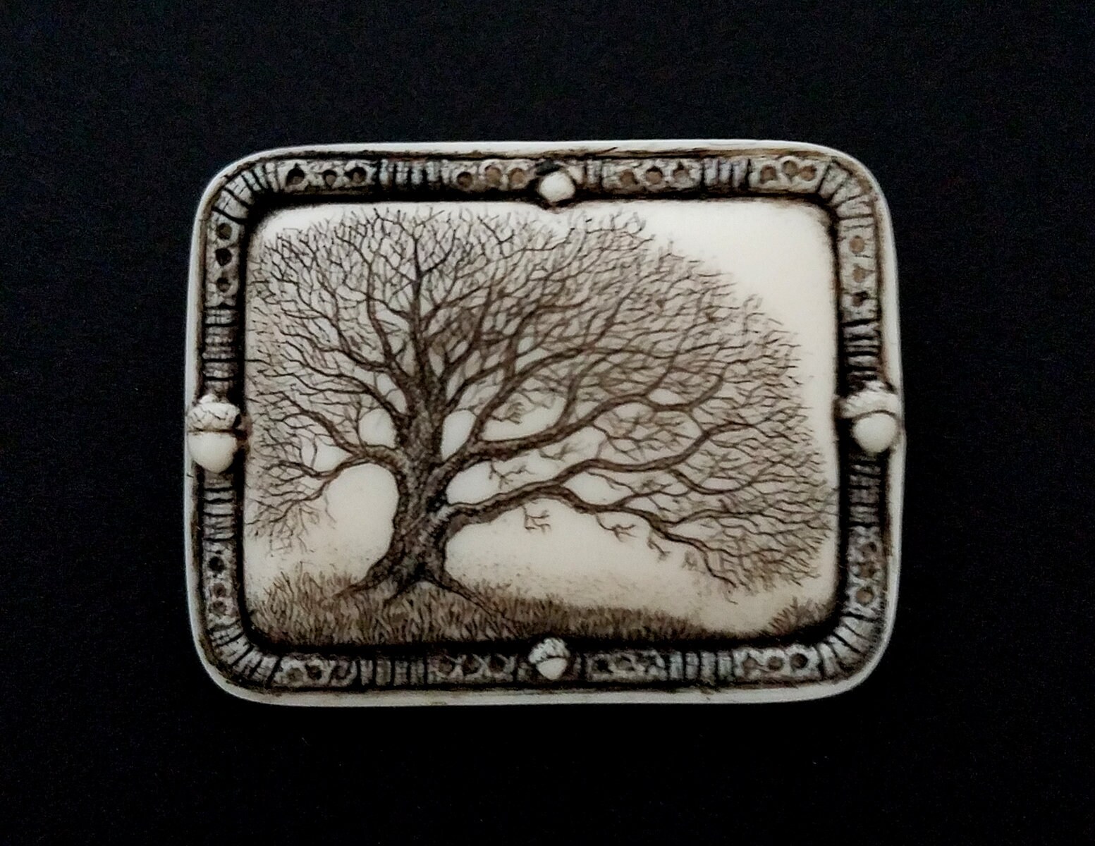 Oak tree of life acorn scrimshaw technique reproduction pin
