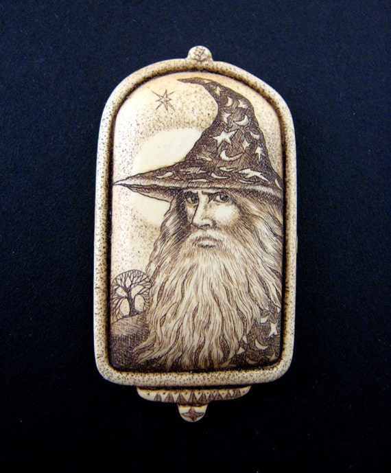 Wizard sorcerer scrimshaw technique resin pin - image 1