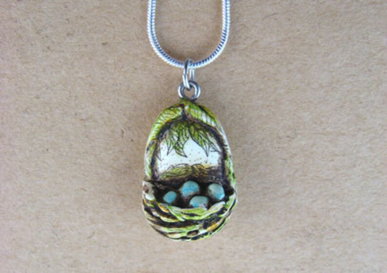 Little Bird Nest With Blue Eggs Pendant Scrimshaw Technique Etsy