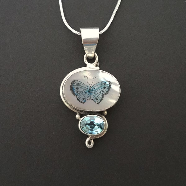 Original Scrimshaw mother of pearl butterfly amethyst pendant
