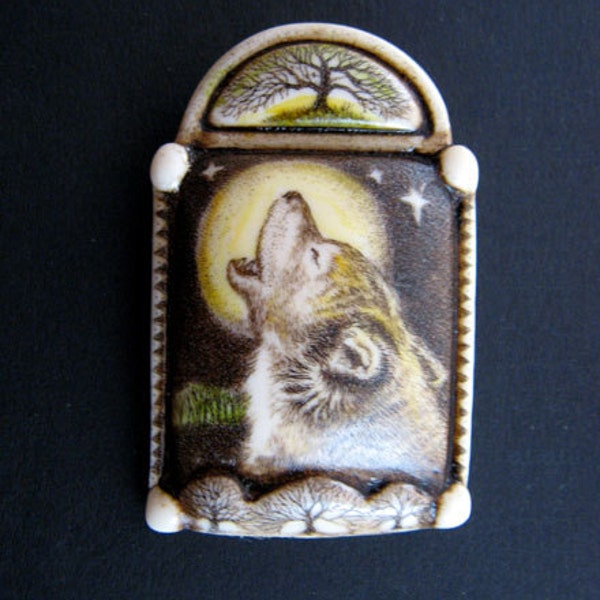 Wolf totem tree moon scrimshaw technique resin brooch pin