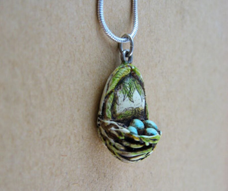 Little Bird Nest With Blue Eggs Pendant Scrimshaw Technique Etsy