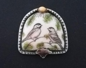 Chickadee bird scrimshaw technique reproduction pin