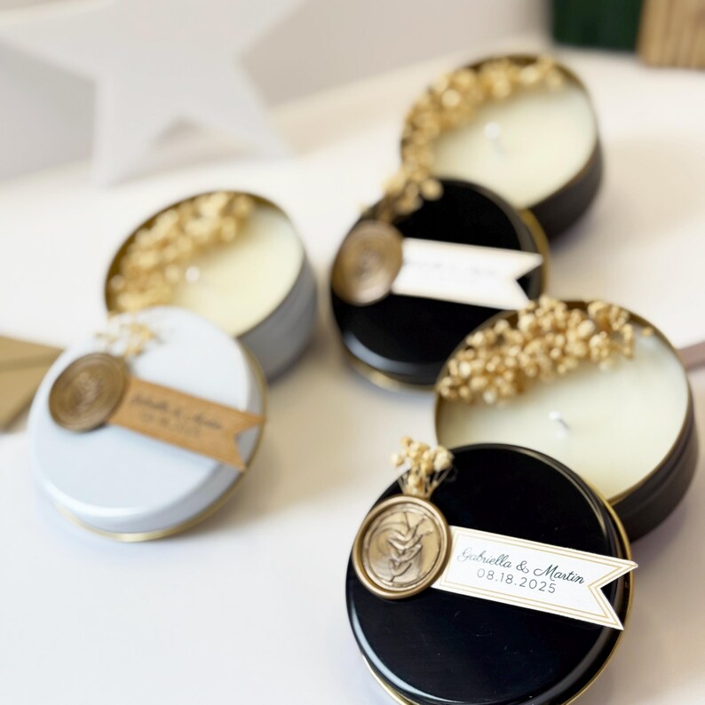 Personalized Wedding Favor Candle: Black Tin, Wax Seal, Dried Flowers ...