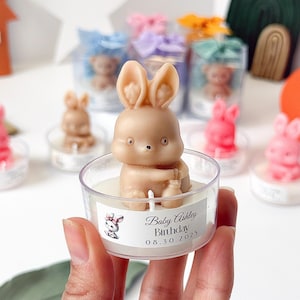 Candela a forma di coniglio Teddy fatta a mano - Perfetta per baby shower, compleanni, rivelazione del sesso, regalo per feste - Disponibili nastri e colori personalizzati
