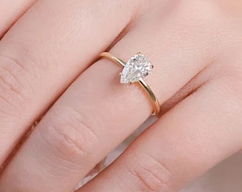 Pear Moissanite Hidden Halo Engagement Ring, Solid Gold Promise Ring