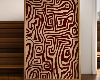 May include: Abstract art print with a brown frame. The print features a pattern of red and beige lines and shapes.