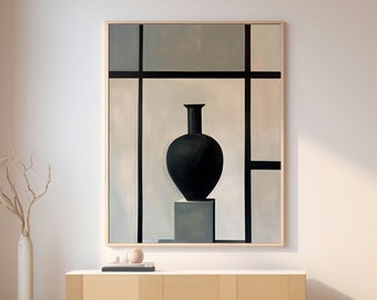 May include: Abstract art print featuring a black vase on a gray pedestal, set against a geometric background of gray and off-white squares and lines. The artwork is framed in a light wood frame, creating a modern aesthetic. The piece is displayed in a minimalist interior.