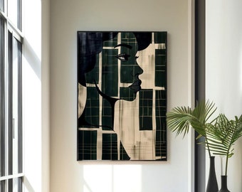 May include: A hallway with a black and white abstract art print on the wall, a white globe pendant light, a black console table with two vases, and a gray rug.