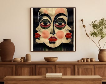 May include: A framed abstract art print of a stylized face with multiple eyes and lips, hanging on a beige wall above a wooden cabinet and a wooden coffee table. The room is decorated with plants and vases.