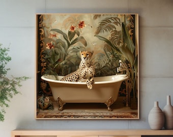 May include: A cheetah sits in a white bathtub with gold feet. The bathtub is in a jungle setting with lush green plants and flowers. The cheetah is looking at the viewer.