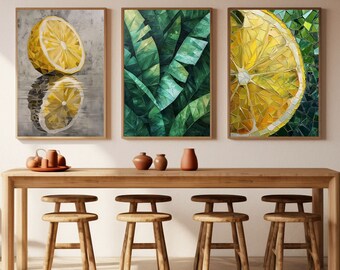 May include: Three framed art prints with a geometric design of lemons. The prints are hung on a white wall above a wooden table with four wooden stools.