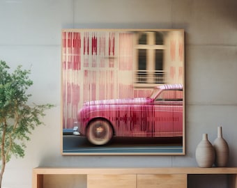 May include: A vintage pink car driving down a street with a blurred background. The car is painted with vertical pink lines.