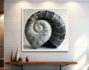 May include: A black and white photograph of a large nautilus shell. The shell is spiraled and has a smooth, glossy finish.