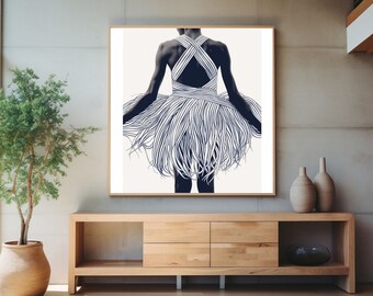 May include: A framed black and white illustration of a person wearing a dress with a layered skirt. The person is facing away from the viewer. The illustration is hanging on a wall above a wooden cabinet.