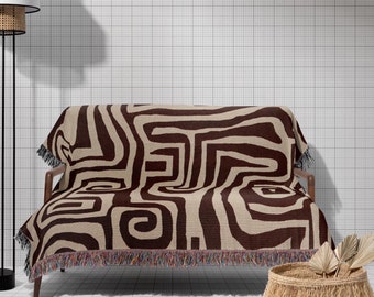 Jeté en coton tissé abstrait : tapisserie marron et crème