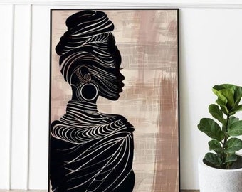 May include: Black and white silhouette of a woman with a headscarf, against a background of brown and beige brushstrokes. The woman is wearing a necklace and earrings.