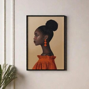 Pu&ograve; includere: Un'illustrazione incorniciata di una donna con la pelle scura, che indossa un vestito a pois rosso e bianco e grandi orecchini arancioni. La donna guarda di lato e ha i capelli raccolti in uno chignon.