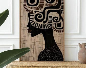 May include: A framed black and white mosaic art print of a woman's profile with a geometric design on her head. The background is a light brown wood grain.
