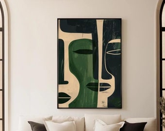May include: A white sofa with green and black abstract art on the wall above it. The sofa has a throw blanket and pillows. A round wooden coffee table with a vase and books sits in front of the sofa.