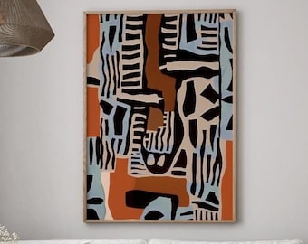 May include: A white couch with a throw blanket and a brown wooden coffee table in front of it. A framed abstract art print with geometric shapes in black, white, orange, and blue hangs on the wall behind the couch.
