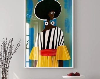 May include: A framed illustration of a woman with a large afro, wearing a yellow and black striped dress with a red belt. The background is a blue and green abstract design.