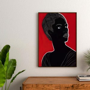 Schwarzer Mann Porträt Kunst Moderne Afroamerikaner Wandkunst Rot Zeitgenössisches Dekor Schwarz im Besitz Kunst Geschenk für afrikanischen Mann der Farbe Kunstwerk Digital