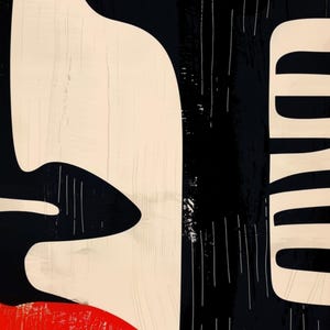 May include: Abstract art print featuring a black and white stylized face with a red lip. The background is black with white lines.