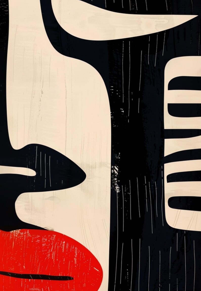 May include: Abstract art print featuring a black and white stylized face with a red lip. The background is black with white lines.