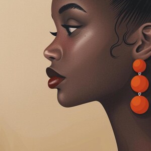 Pu&ograve; includere: Un'illustrazione digitale di una donna con la pelle scura, che indossa un vestito a pois rosso e nero e grandi orecchini arancioni. I suoi capelli sono raccolti in uno chignon.