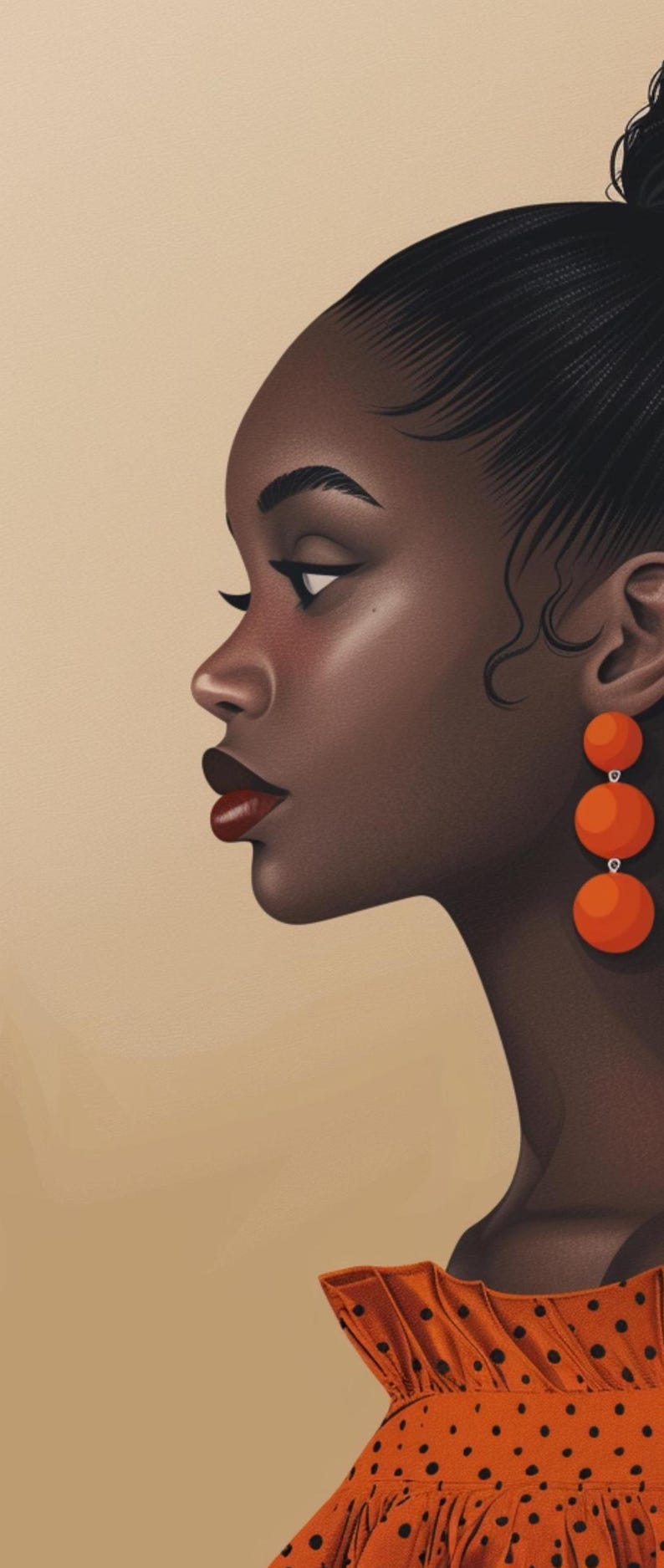 Pu&ograve; includere: Un'illustrazione digitale di una donna con la pelle scura, che indossa un vestito a pois rosso e nero e grandi orecchini arancioni. I suoi capelli sono raccolti in uno chignon.