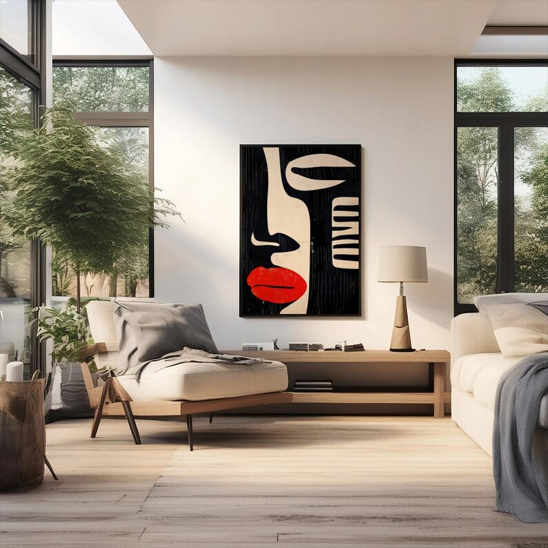May include: Abstract art print featuring a black and white stylized face with a red lip. The print is framed and hanging on a white wall in a modern living room.