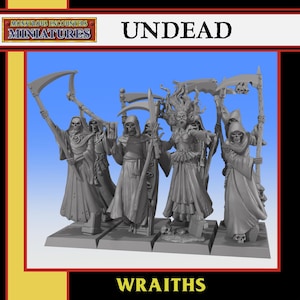 Może przedstawiać: Grupa szarych miniaturowych upiorów, każdy z kosą. Figurki mają szkieletowe twarze i powiewające szaty. Słowo "UNDEAD" jest wyświetlane powyżej, z "WRAITHS" poniżej. Miniatury od "Monstrous Encounters Miniatures."