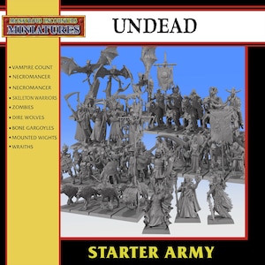 May include: A collection of gray miniature figures labeled "Undead" and "Starter Army." The miniatures include vampires, necromancers, skeleton warriors, zombies, dire wolves, bone gargoyles, mounted wights, and wraiths. The product is from "Monstrous Encounters Miniatures."