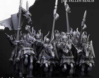 May include: A set of eight grey plastic miniature figures of knights on horseback, each holding a spear and a shield. The knights are wearing armor and helmets, and they are all facing forward. The figures are part of a set called "Transilvanya: The Fallen Realm" by Highlands Miniatures.