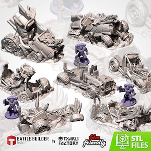 Peut inclure: Plusieurs véhicules de guerre miniatures gris imprimés en 3D et des figurines. Les véhicules sont fortement blindés et endommagés, avec des détails visibles comme des roues, des canons et des composants structurels. Inclut le texte "Battle Builder tech by Txarli Factory fdm friendly STL FILES".