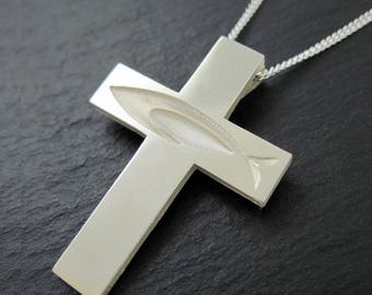 Ichthus Cross Necklace, Christian Fish Cross Pendant with 20" or 24" Chain in Silver - Spiritus Jewelry Collection