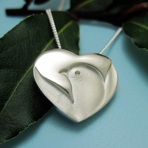 Silver Dove Heart Necklace, Peace Dove Heart Pendant with Chain, Peace and Love, Winged Dove in Heart, Hearted Dove, Heart with Dove Jewelry