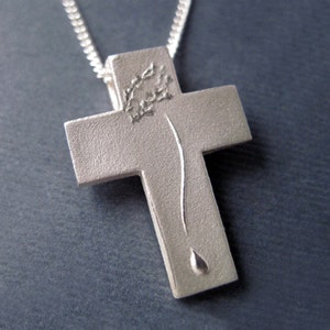 Silver Crucifix Cross, Catholic Cross, Compassion Cross Pendant with Chain, Christ Figure, Crown of Thorns, Tear
