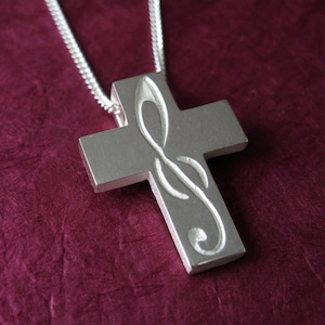 Music Cross Necklace, Silver Treble Clef Cross, G Clef Cross with Chain, Choir Cross Pendant, from our Spiritus Christian Jewelry Collection