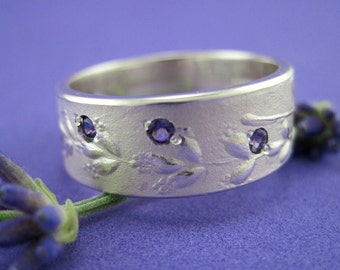 LAVENDER Flower Ring, Silver Amethyst Lavender Band, Wide Ring Band, 9mm - Lavande Collection