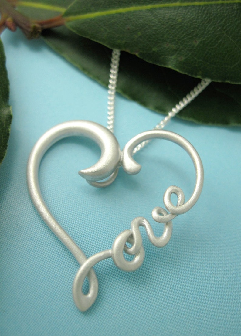 Silver Love Heart Necklace, LoveHeart Pendant with Chain, Wirework Letters for Love Form Heart, Love Letters, Word Jewelry, Love Gifts image 4