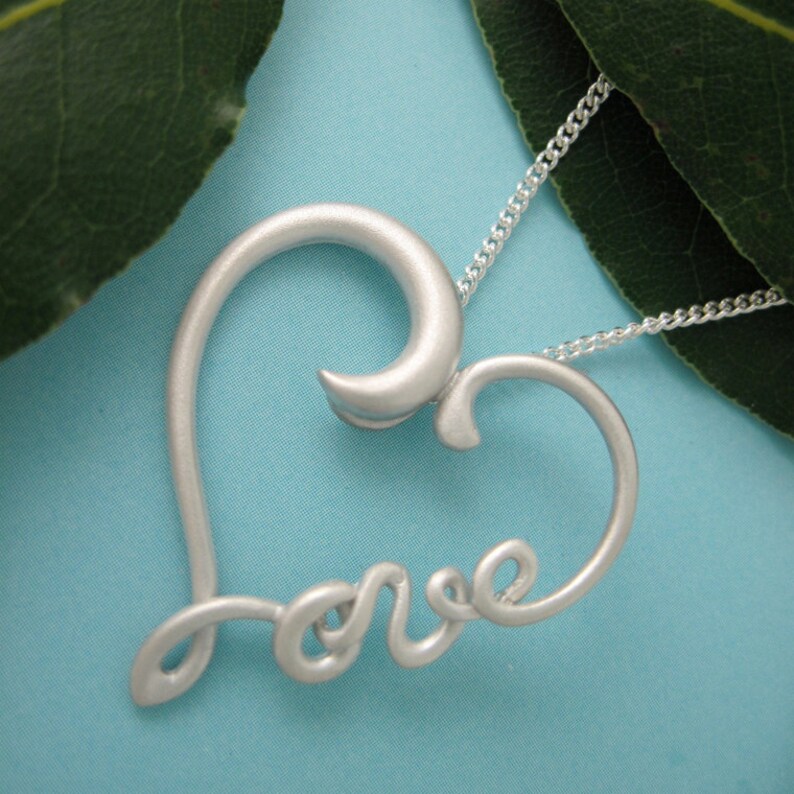 Silver Love Heart Necklace, LoveHeart Pendant with Chain, Wirework Letters for Love Form Heart, Love Letters, Word Jewelry, Love Gifts image 2